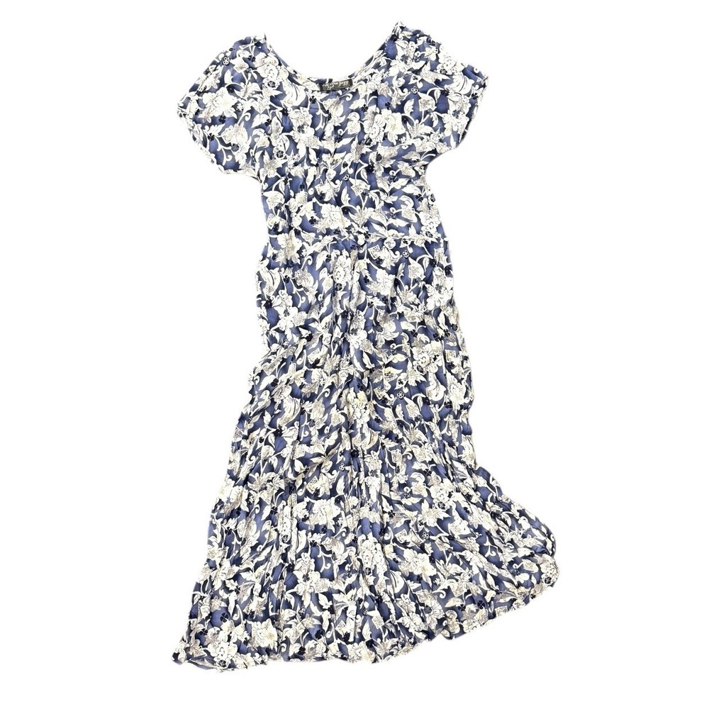 Vintage All That Jazz Women's Blue White Floral Maxi Dress Y2K Silk Fairy Church